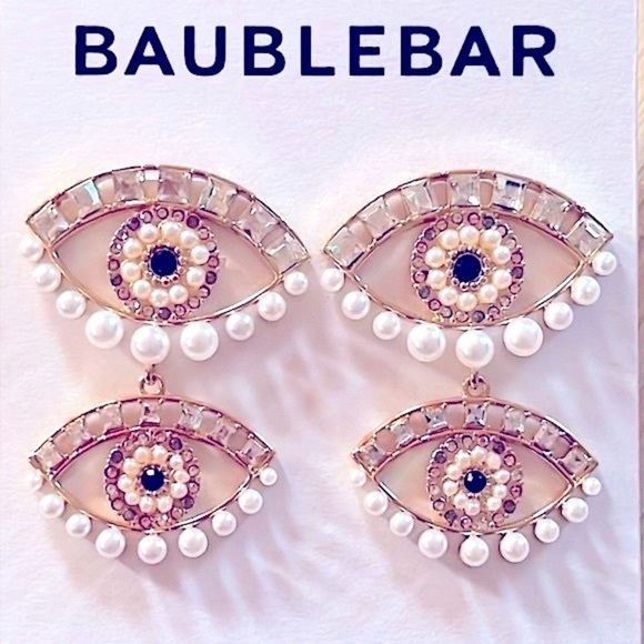 Brand New BaubleBar Evil Eye Beaded Pearl Rhinestone Gold Tone Drop Earrings - Picture 6 of 12